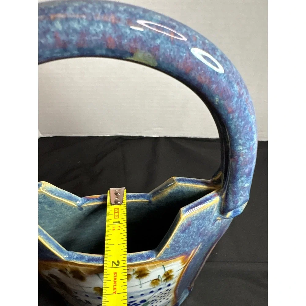 Handcrafted Ceramic Vase with Handle, Flower‎ Design Pottery Decor Accent